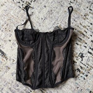 Urban Outfitters Black and Brown Lace-Trim Corset Tank